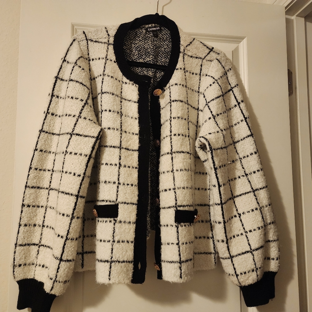 Express Black and White Plaid Blazer with Gold Accents